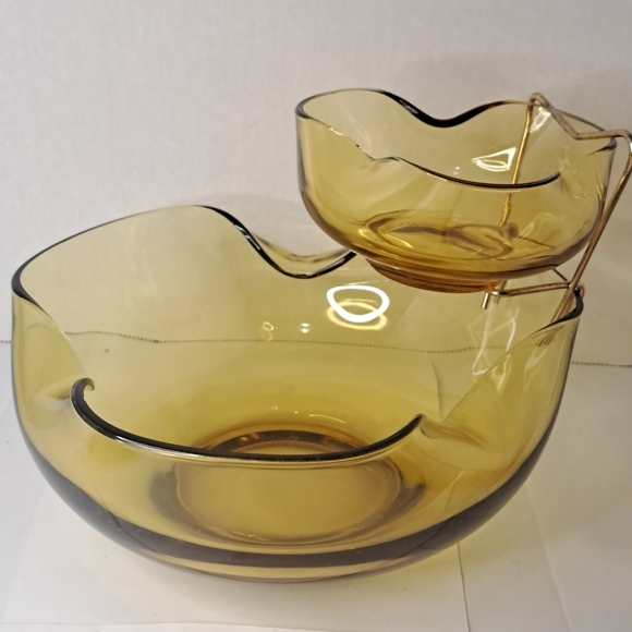 Vintage Chip-n-Dip Anchor Hocking Chip and Dip Bowl Set amber glass. - Picture 5 of 7